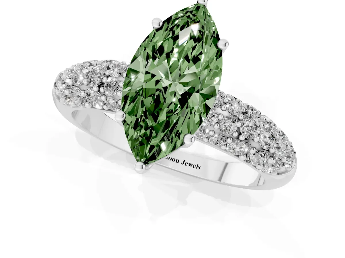 Fancy Green Marquise Cut Diamond Pavé Band Solitaire Ring with Four-Prong Setting Silver