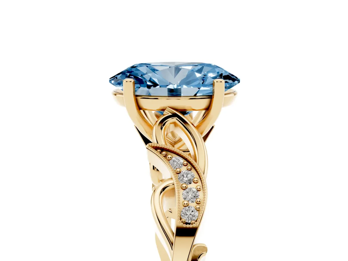 Fancy Blue Oval Cut Solitaire Vine Band with Milgrain Prong Setting Yellow gold