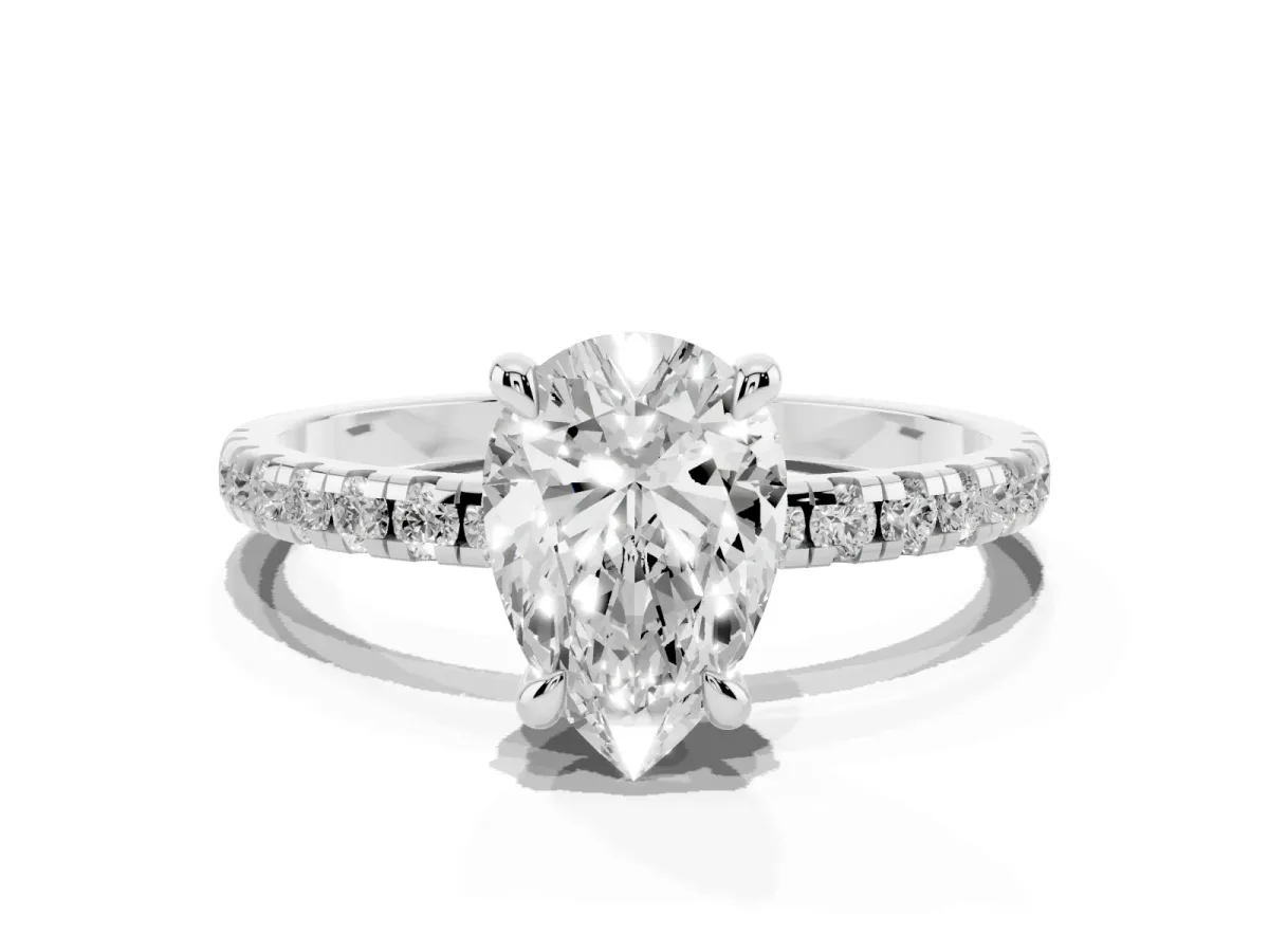 Pear Cut Diamond Brilliant Solitaire Ring with Pavé Band and Four-Prong Setting Silver