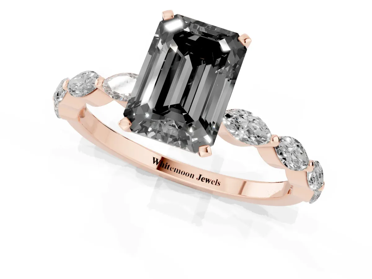 Fancy Black Emerald Cut Diamond Ring with Marquise Side Stones and Prong Setting Rose gold