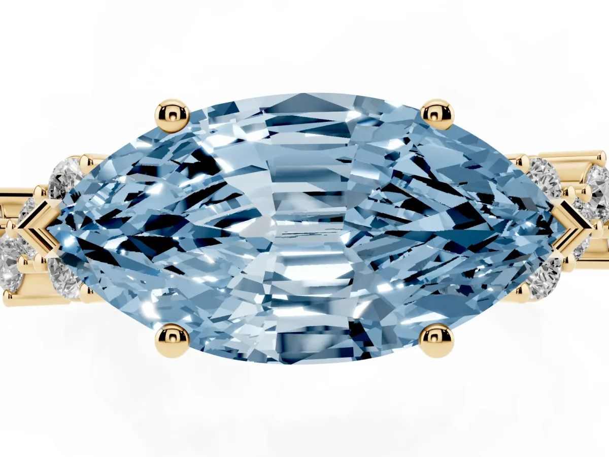 Fancy Blue Marquise Cut Diamond Scattered Round Accent Ring with Prong Setting Yellow gold