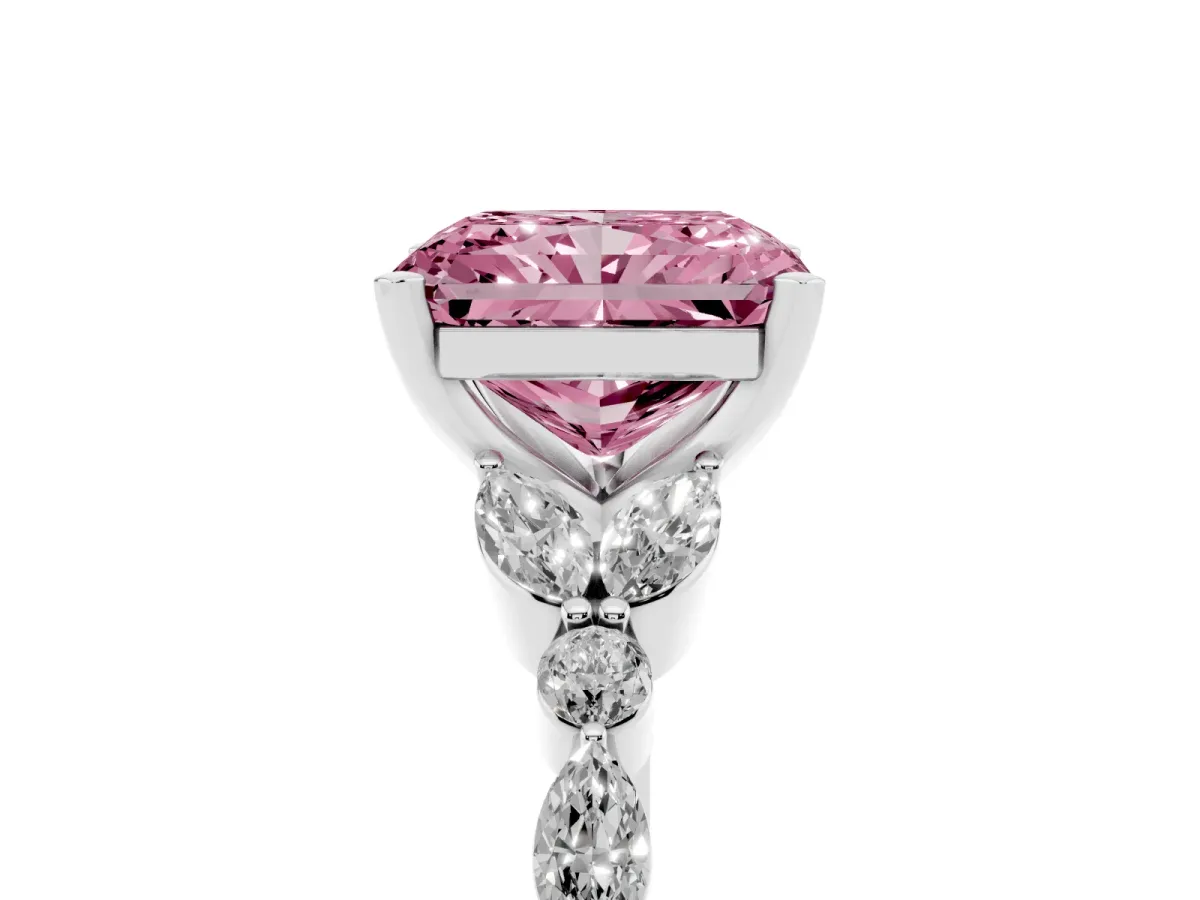 Fancy Pink Radiant Cut Diamond Solitaire Ring with Side Stones and Four-Prong Setting Silver