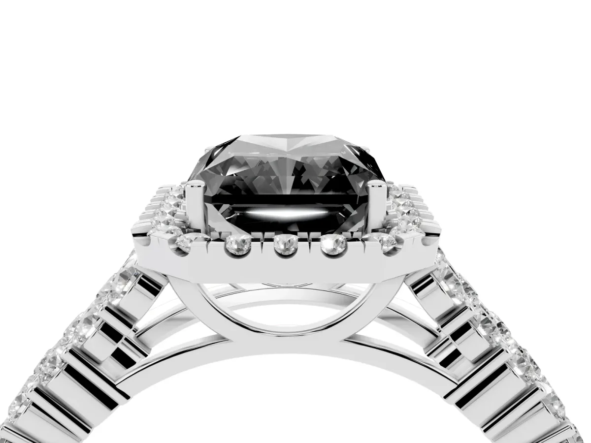 Fancy Black Radiant Cut Diamond Halo Engagement Ring with Triple Row Round Pavé Band and Prong Setting Platinum