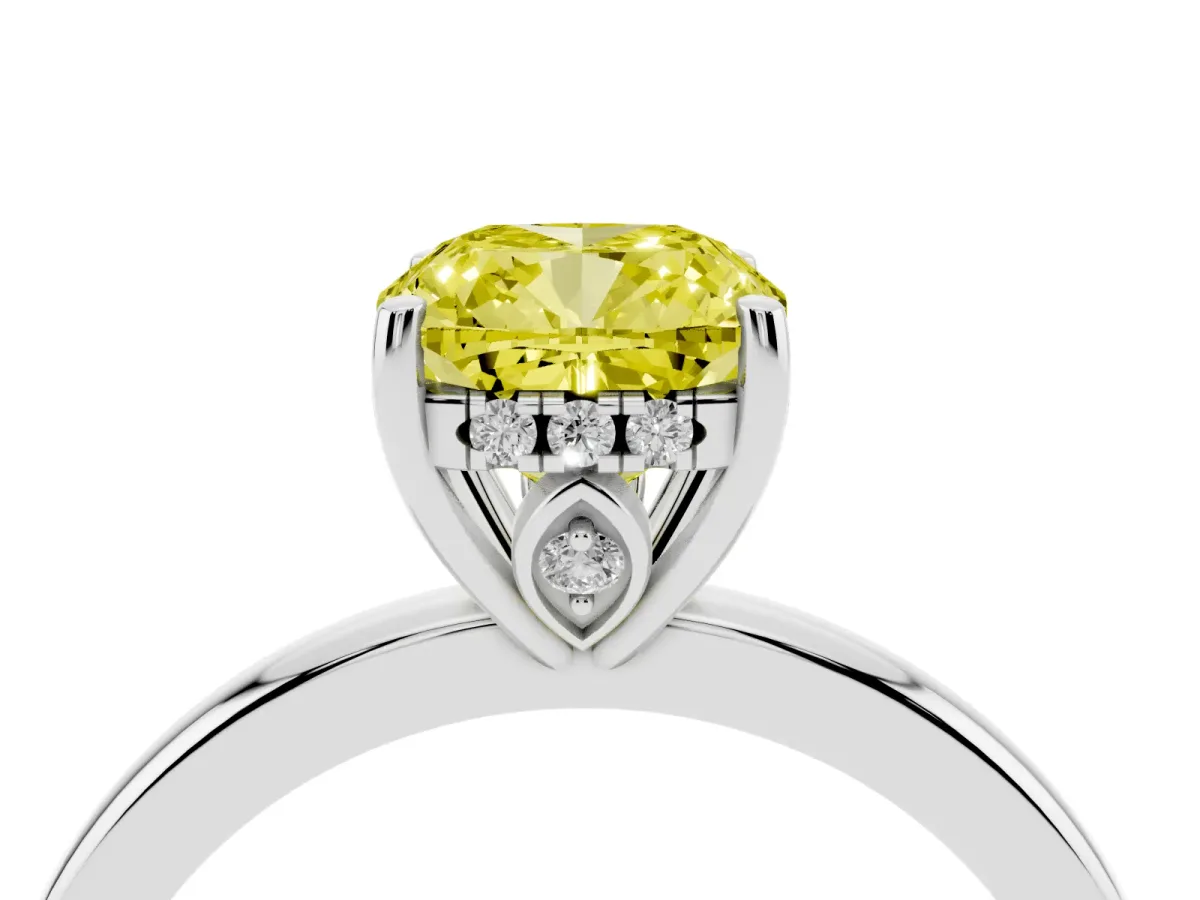 Fancy Yellow Cushion Cut Solitaire Diamond Ring with Prong Setting and Plain Band Platinum
