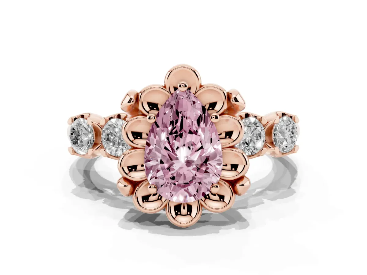 Fancy Pink Pear Cut Cut Diamond Floral Halo Engagement Ring with Shared Prong Setting Rose gold