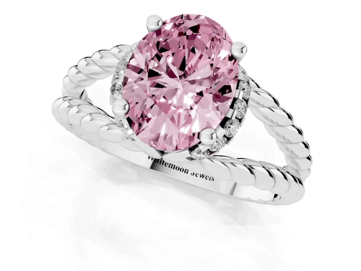 Fancy Pink Oval Cut Halo Twisted Band Four-Prong Ring Silver
