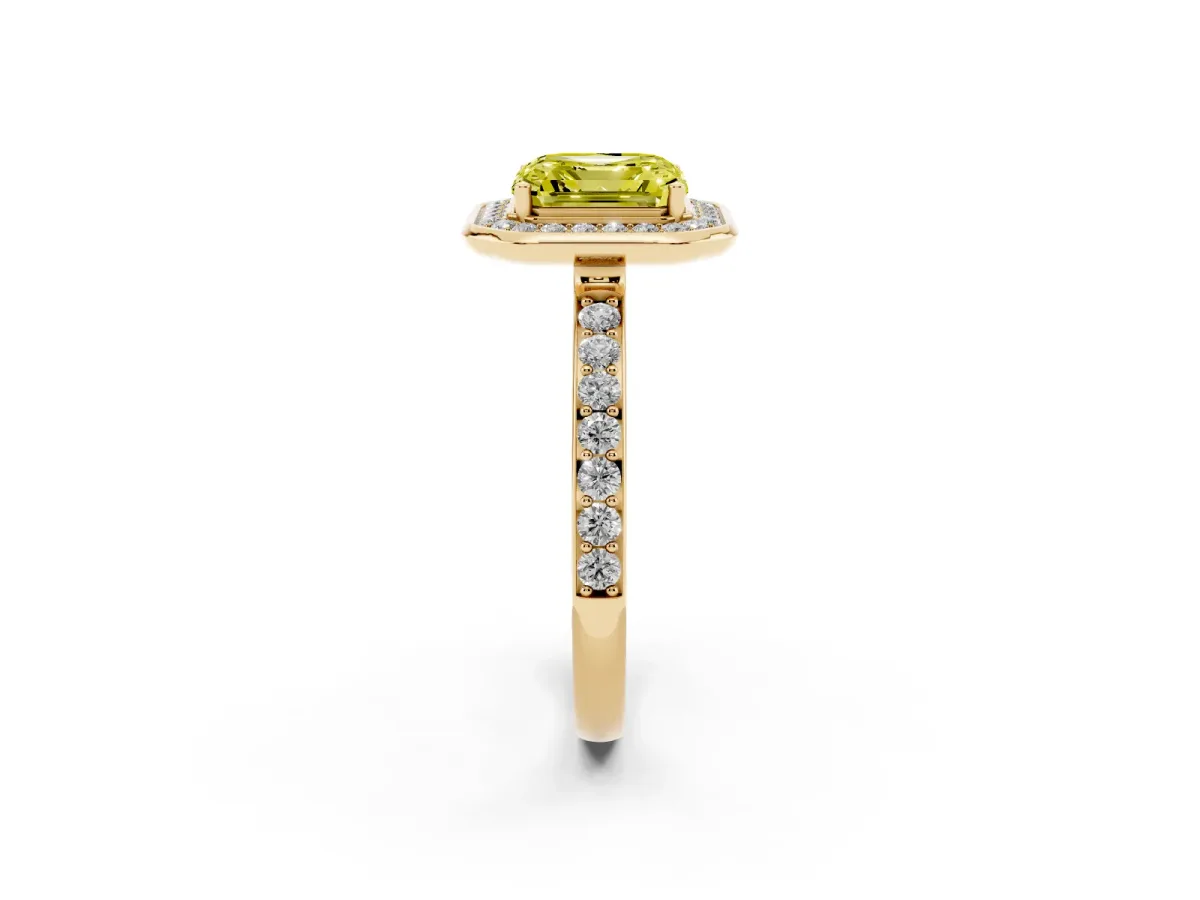 Fancy Yellow Asscher Cut Diamond Halo Ring with Bezel Frame and Pavé Band Yellow gold