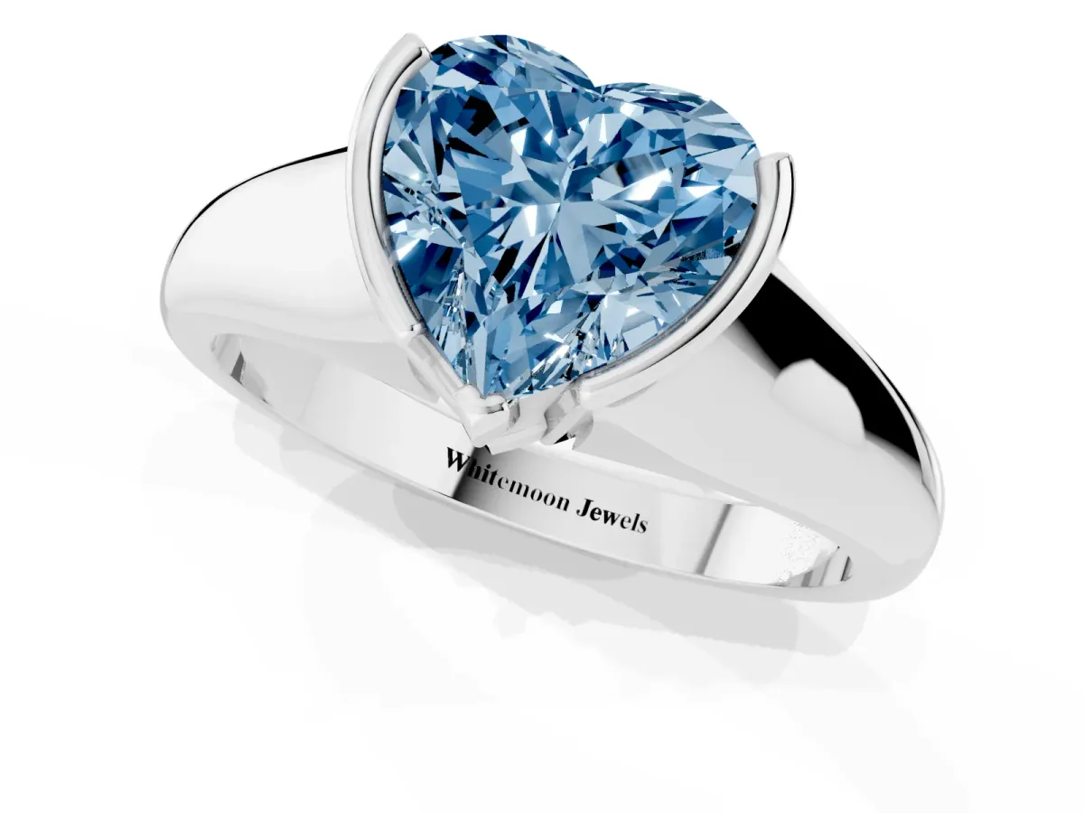 Fancy Blue Heart Cut Solitaire Tension Set Diamond Ring with Split Shank Band Silver
