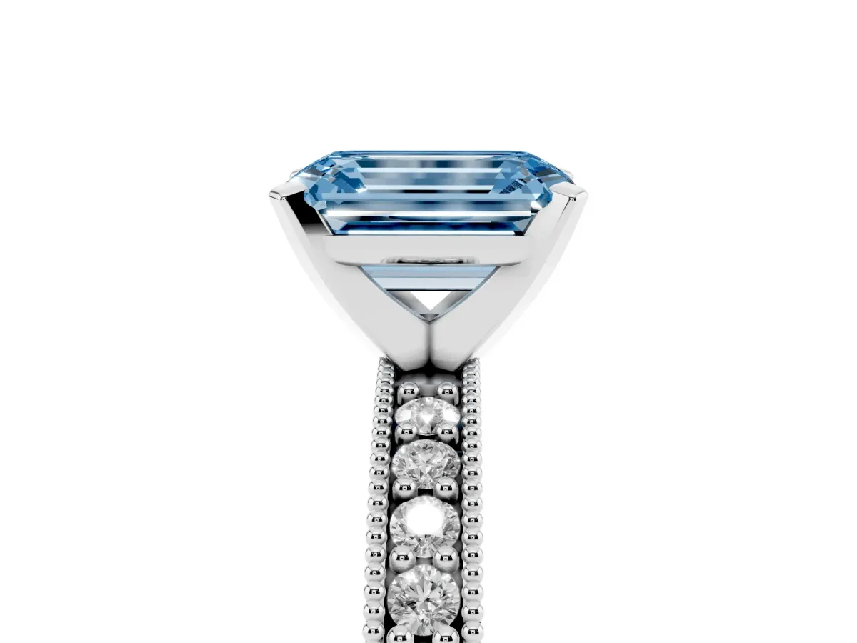 Fancy Blue Emerald Cut Diamond Milgrain Pavé Engagement Ring with Four-Prong Setting Silver