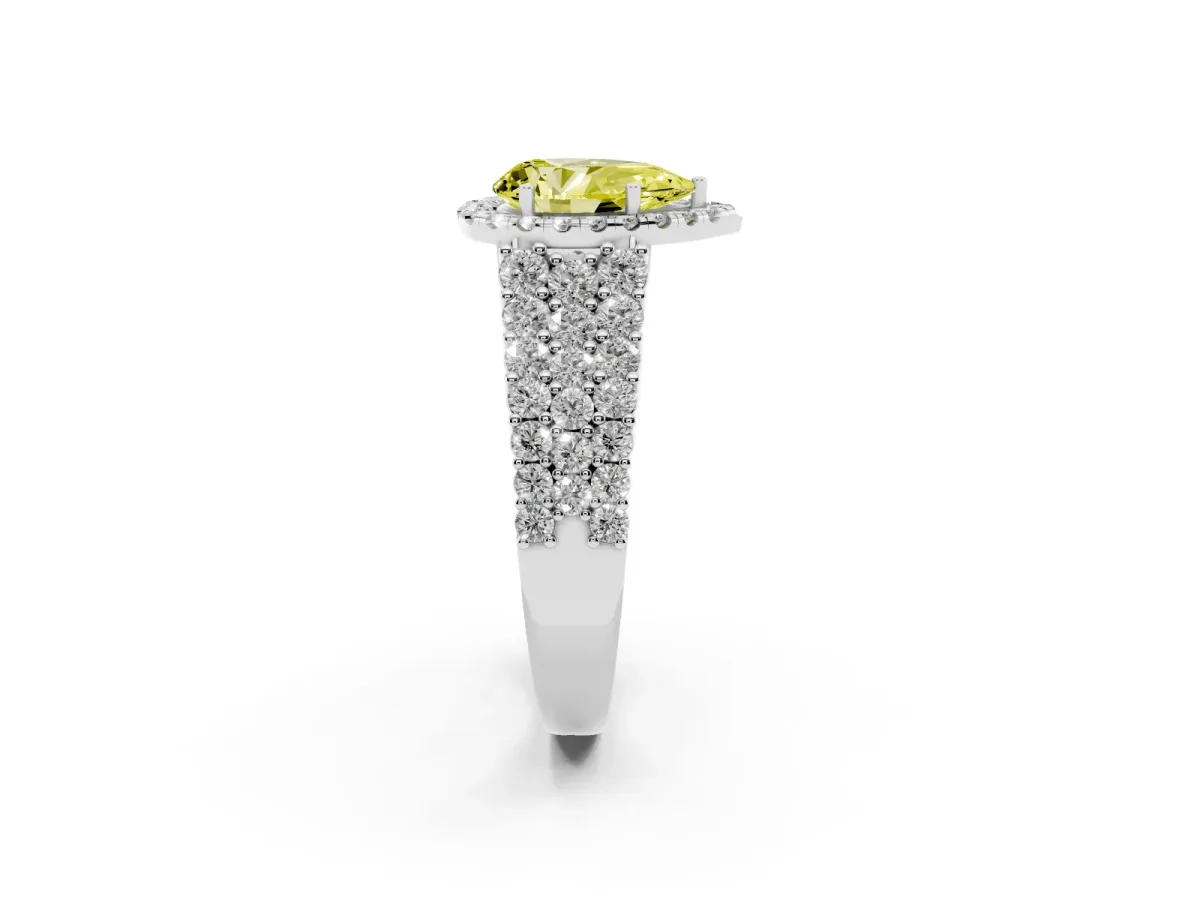 Fancy Yellow Pear Cut Diamond Halo Engagement Ring with Triple Row Round Pavé Band and Prong Setting Silver