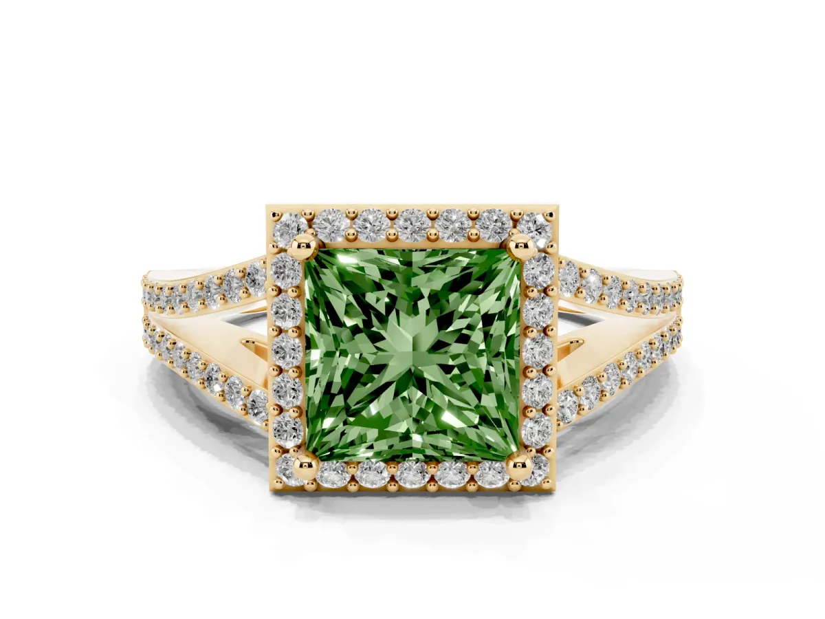 Fancy Green Princess Cut Halo Split Shank Pave Diamond Ring with Four-Prong Setting Yellow gold