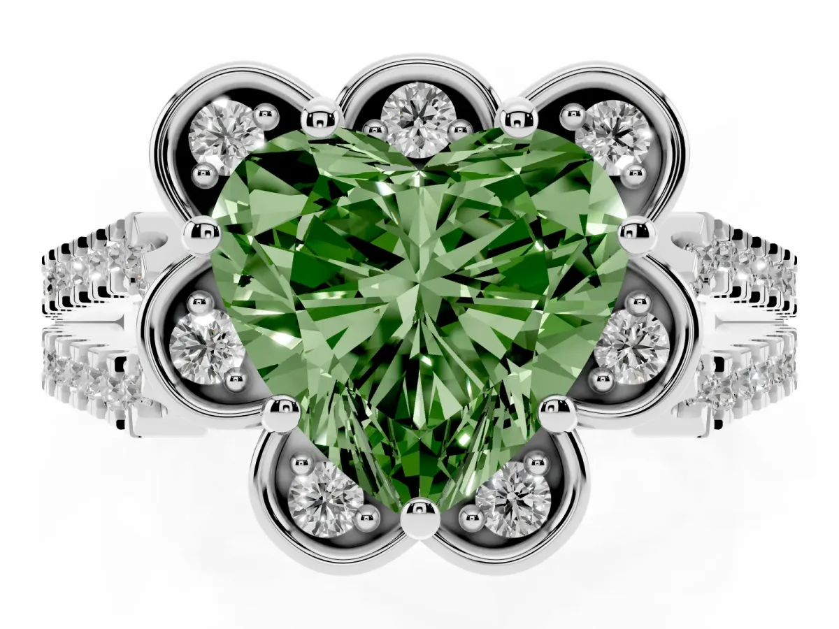 Fancy Green Heart Cut Halo Diamond Floral Split Shank Engagement Ring Silver