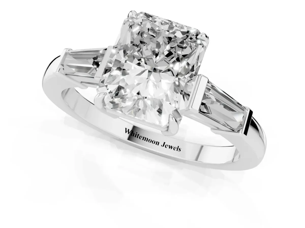Radiant Cut Diamond Three-Stone Ring with Tapered Baguette Side Stones and Prong Setting White gold