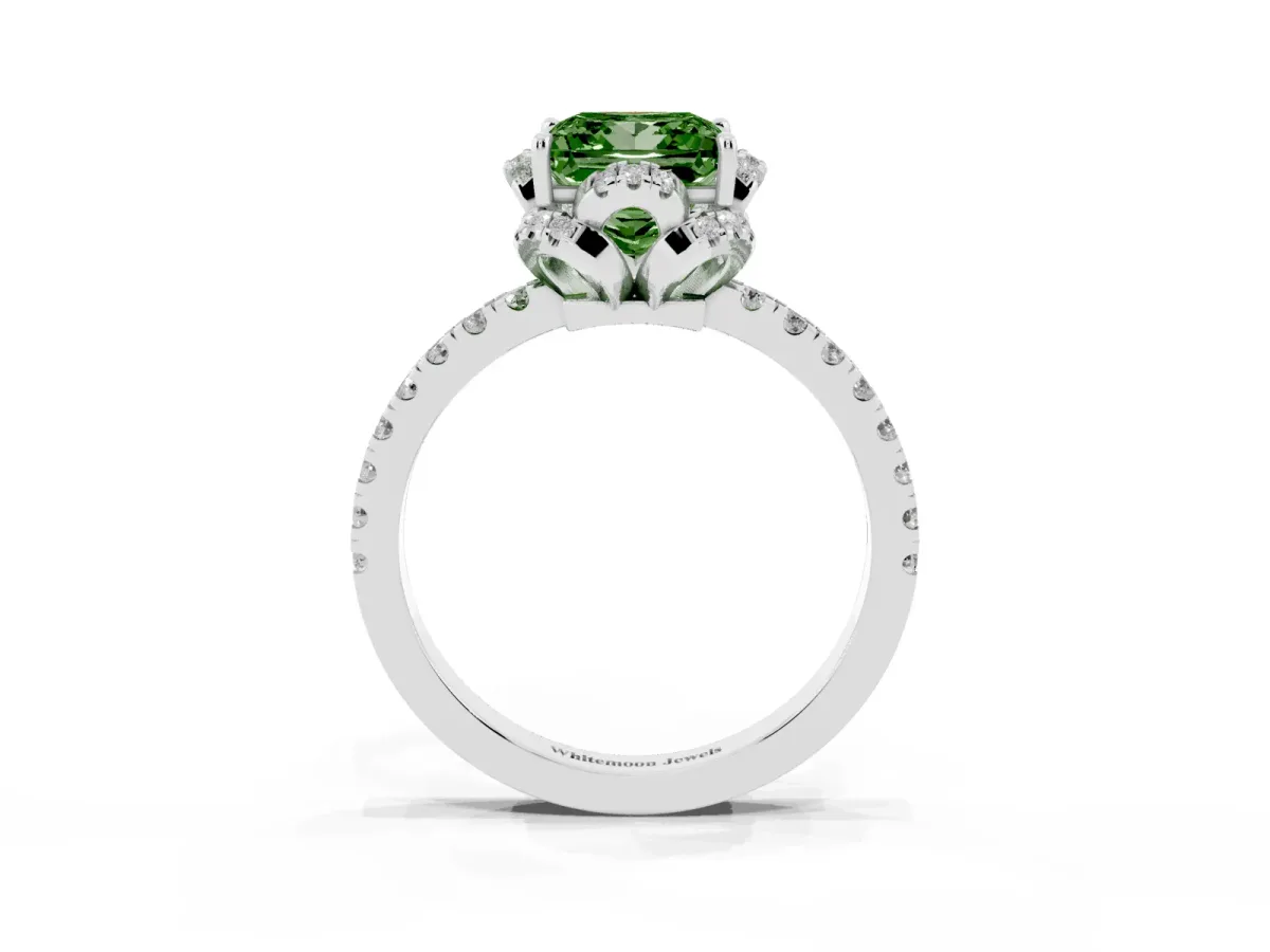 Fancy Green Princess Cut Diamond Halo Pave Band with Four-Prong Setting Platinum