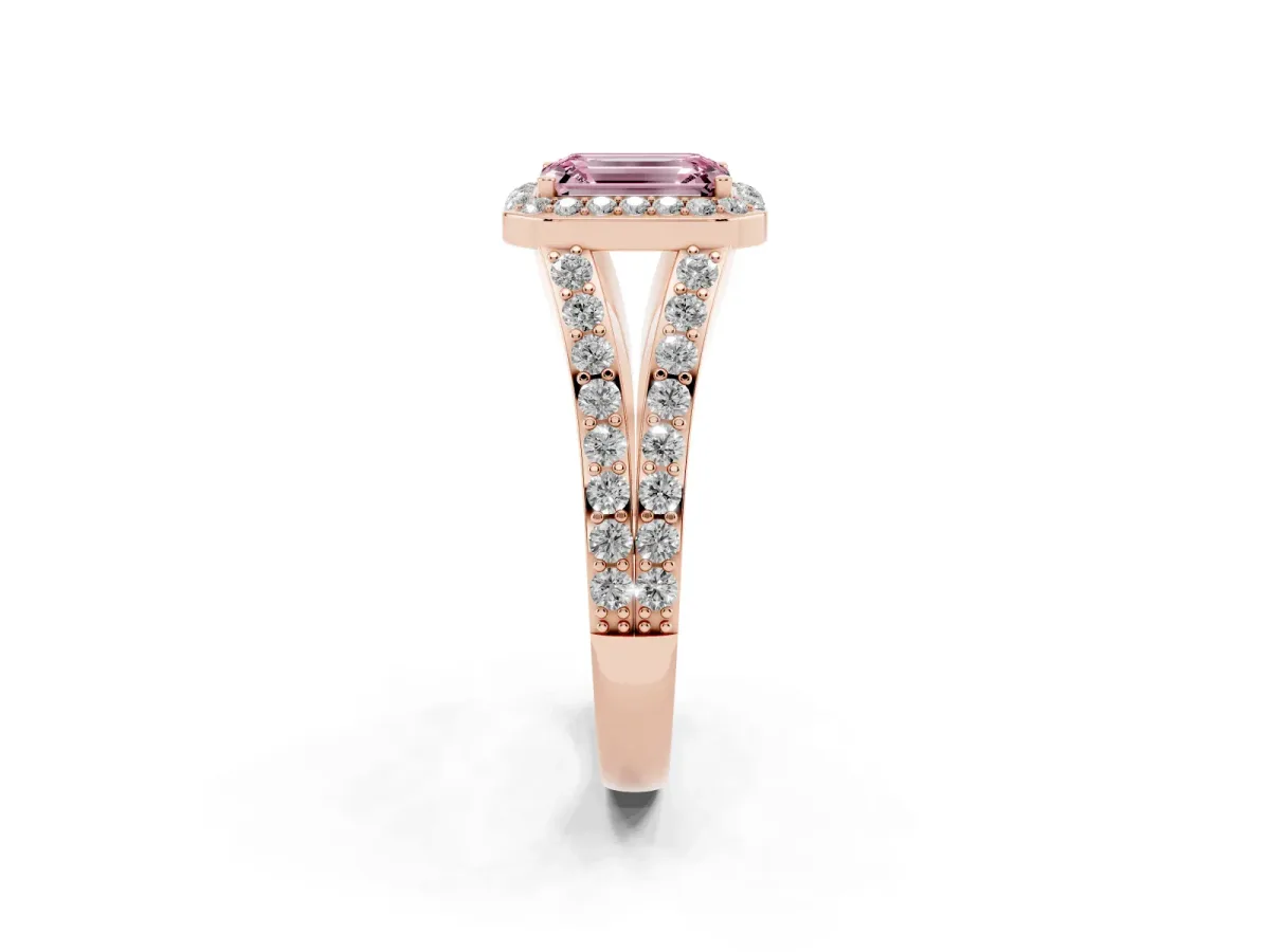 Fancy Pink Emerald Cut Diamond Split Shank Halo Ring with Four-Prong Setting Rose gold