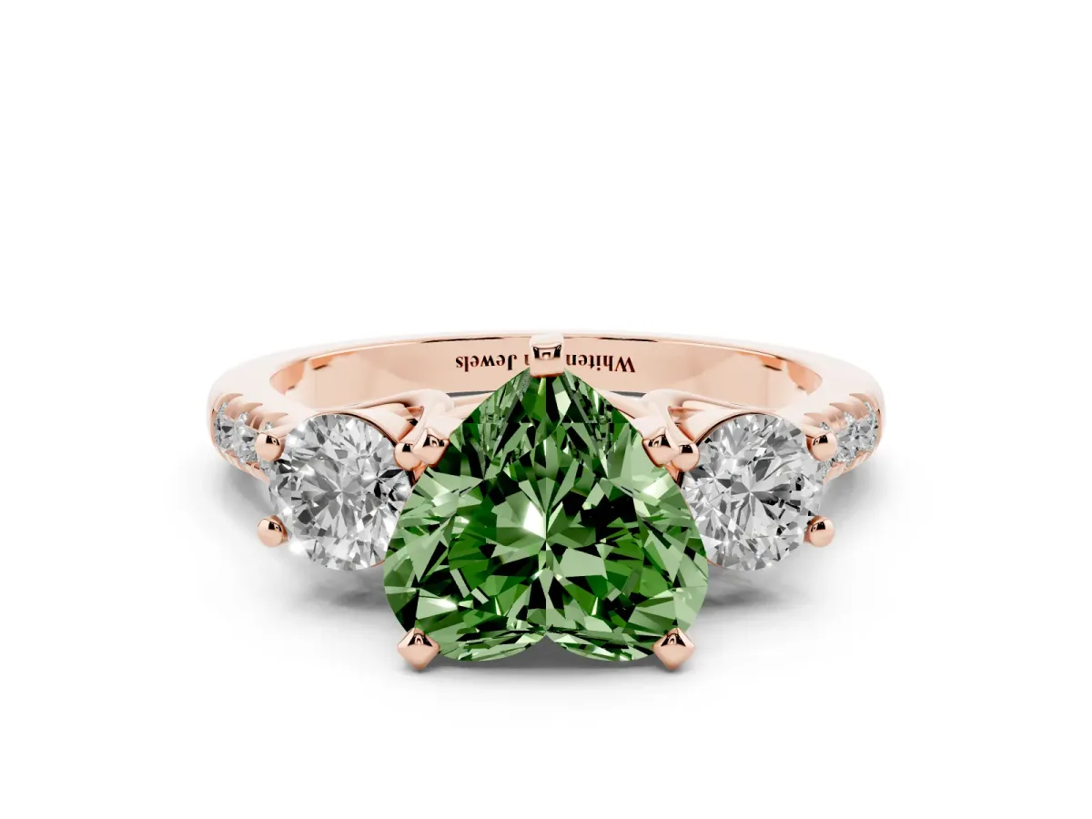 Fancy Green Three-Stone Heart Cut Diamond Pavé Band with Four-Prong Setting Rose gold