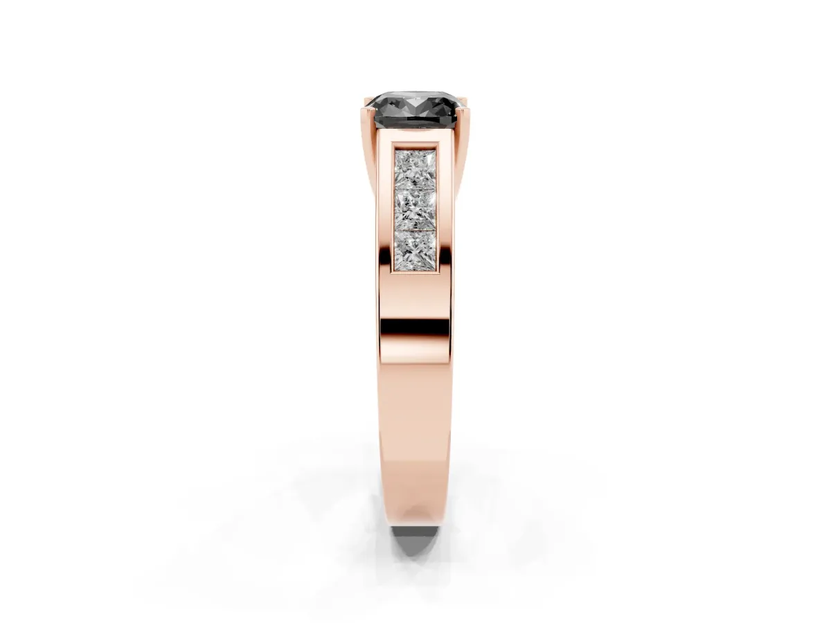 Fancy Black Cushion Cut Cut Channel Set Solitaire Ring with Four-Prong Setting Rose gold