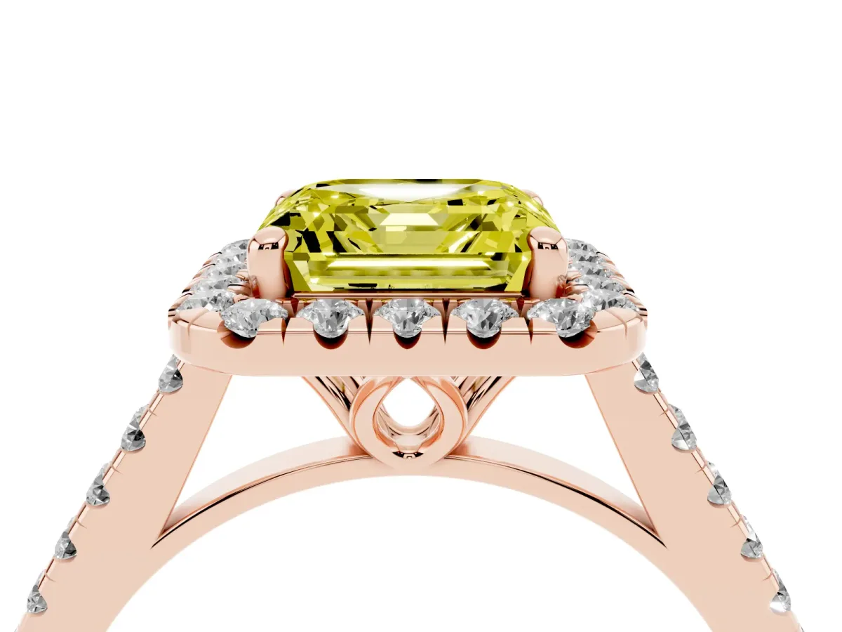 Fancy Yellow Asscher Cut Halo Pavé Diamond Engagement Ring with Four-Prong Setting Rose gold