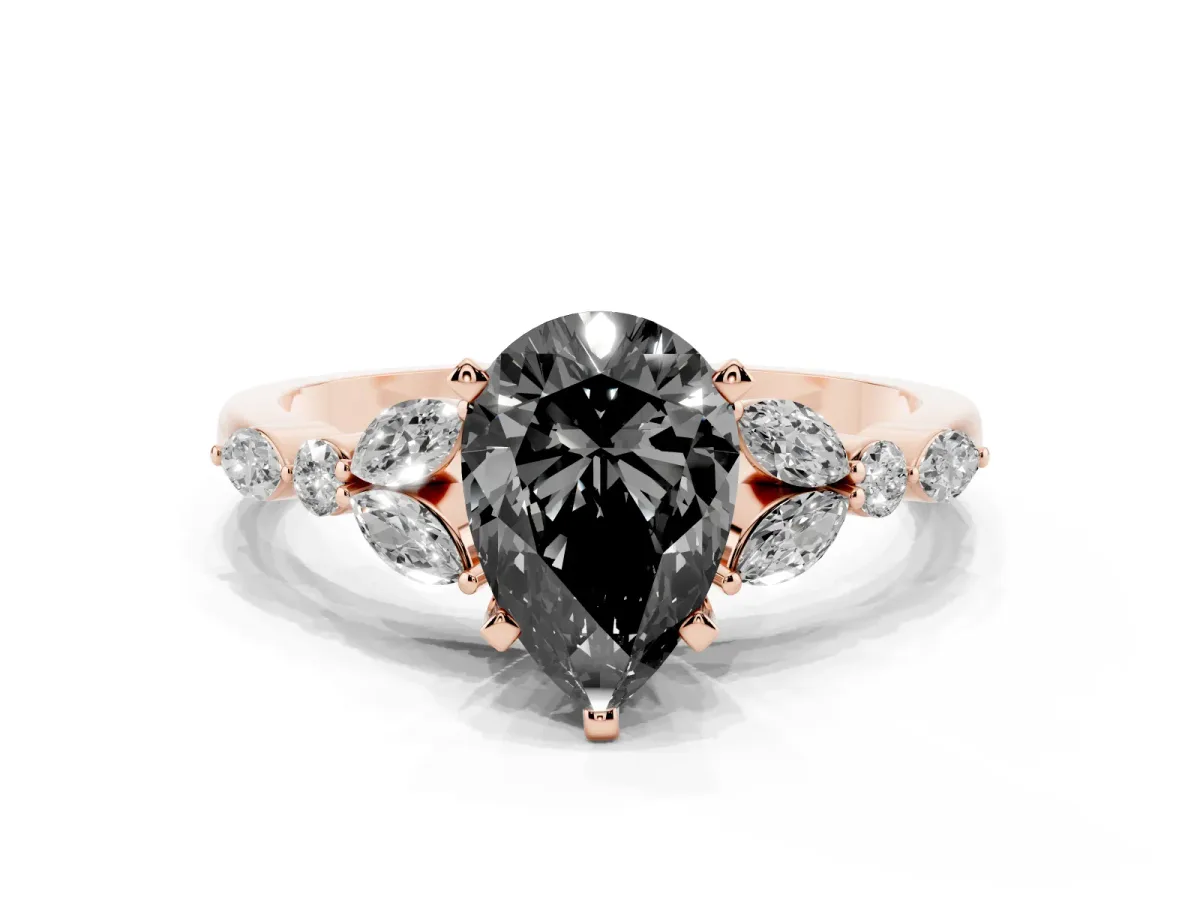 Fancy Black Pear Cut Diamond Solitaire Ring with Side Stones and Four-Prong Setting Rose gold