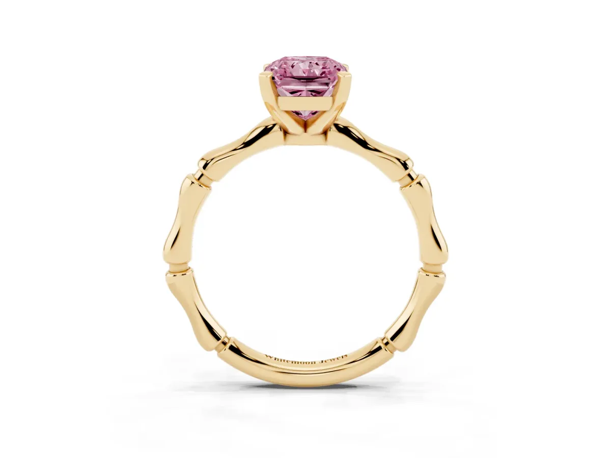 Fancy Pink Radiant Cut Solitaire Diamond Ring with Bamboo Band and Four-Prong Setting Yellow gold