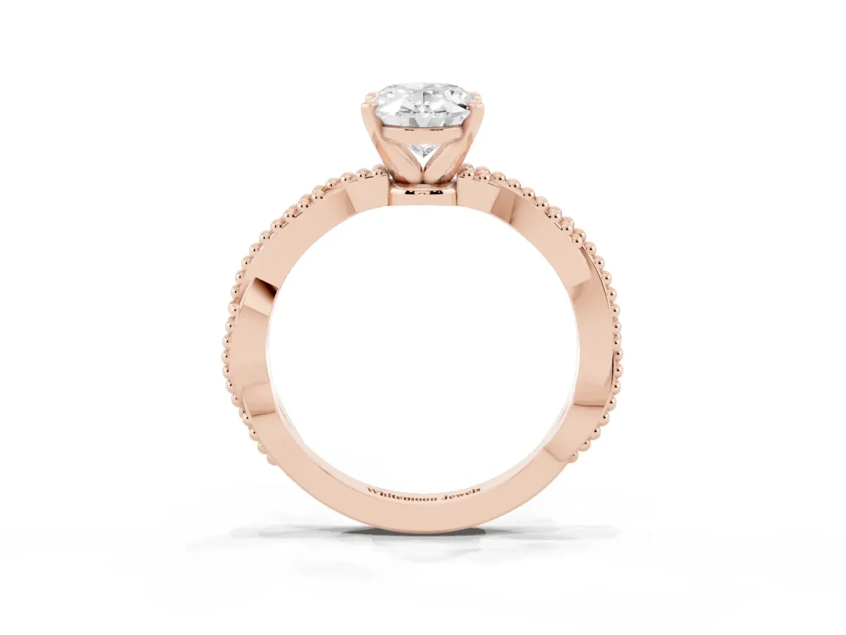 Oval Cut Solitaire Twisted Band with Bead Prong Setting Rose gold