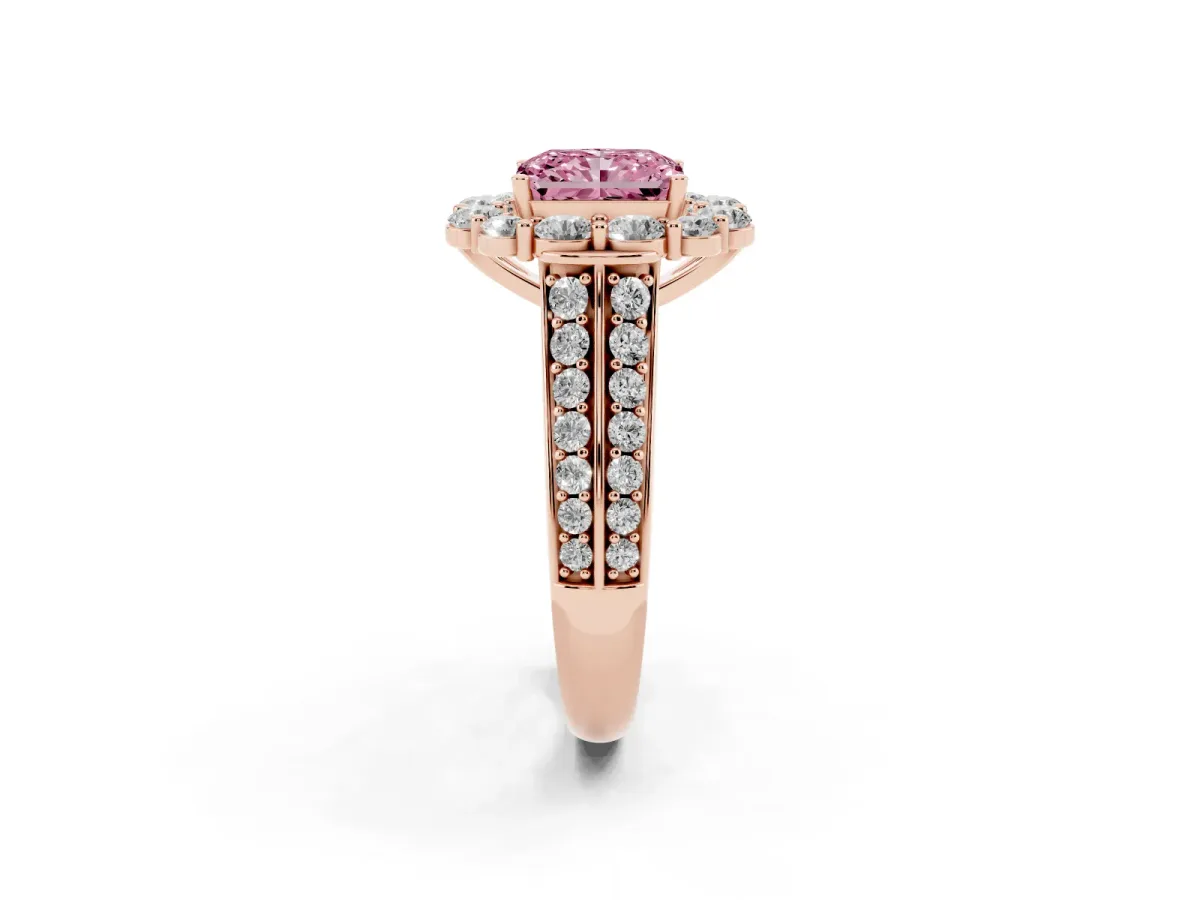 Fancy Pink Radiant Cut Halo Diamond Engagement Ring with Split Shank and Prong Setting Rose gold