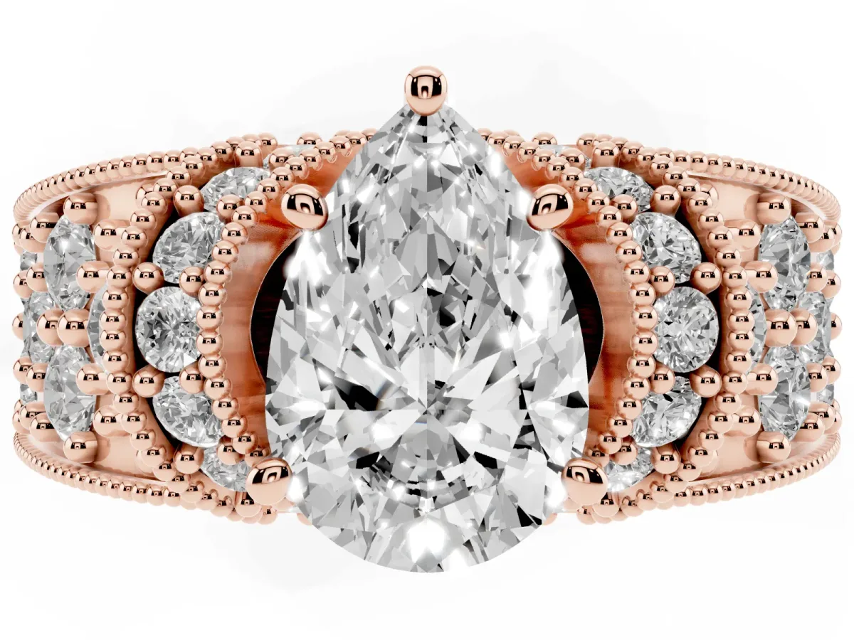 Pear Cut Halo Pave Diamond Engagement Ring with Milgrain Detailing Rose gold