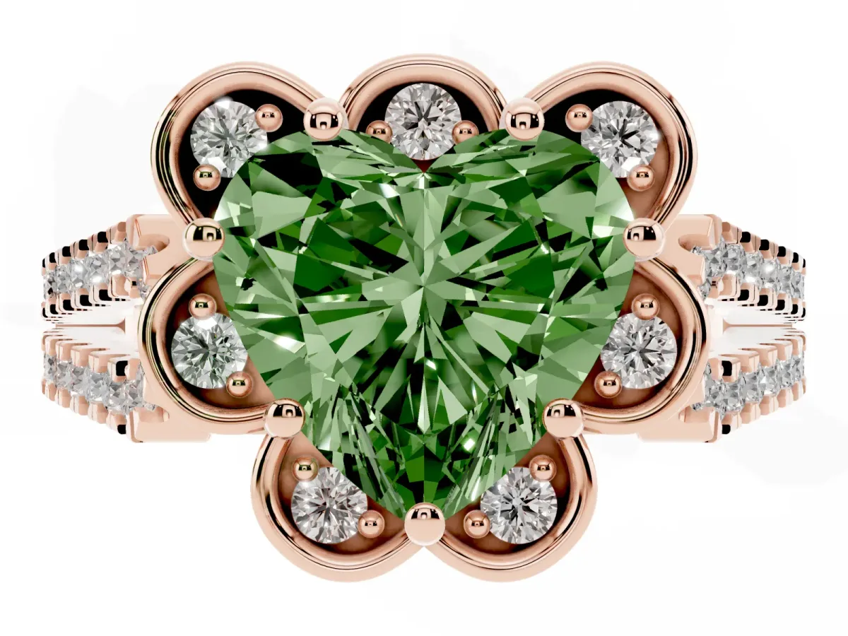 Fancy Green Heart Cut Halo Diamond Floral Split Shank Engagement Ring Rose gold
