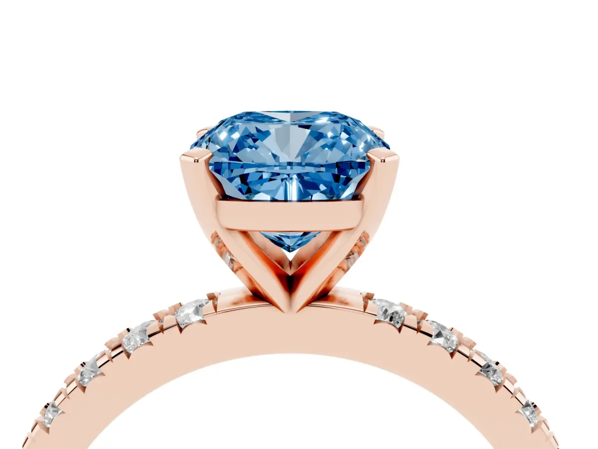 Fancy Blue Cushion Cut Diamond Pavé Band Solitaire with Four-Prong Setting Rose gold