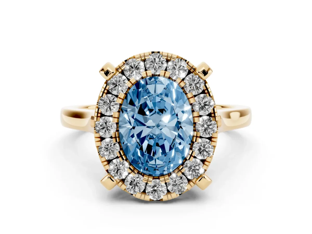 Fancy Blue Oval Cut Diamond Cluster Halo Solitaire with Four-Prong Setting Yellow gold