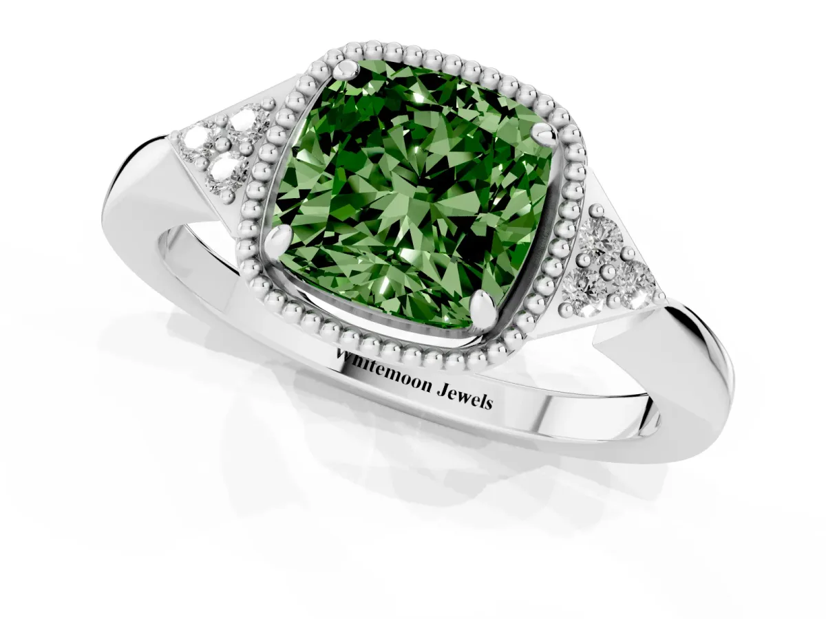 Fancy Green Cushion Cut Diamond Halo Ring with Tapered Band and Four-Prong Setting White gold