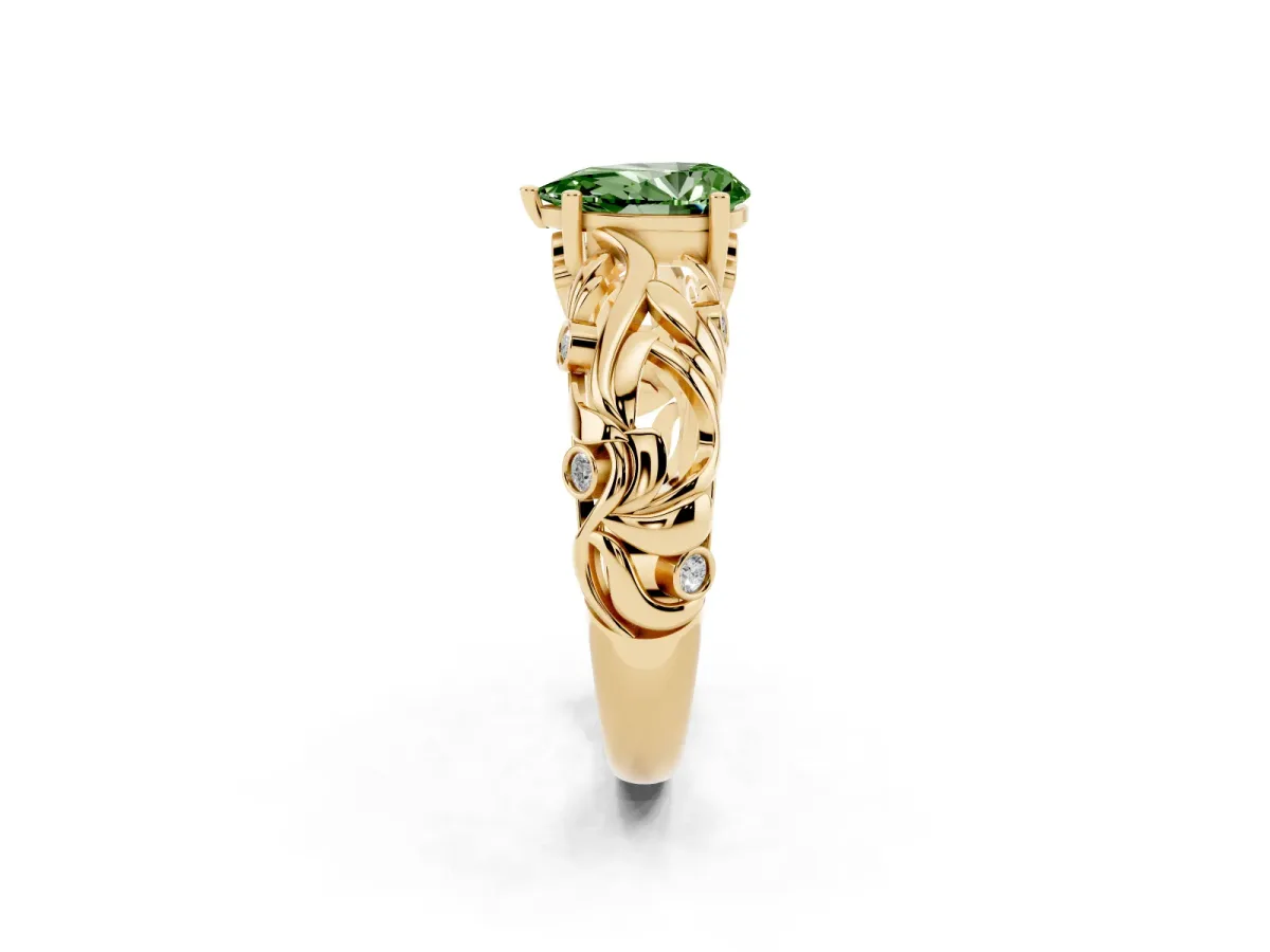 Fancy Green Pear Cut Solitaire Diamond Leaf-Inspired Vine Band Ring with Prong Setting Yellow gold
