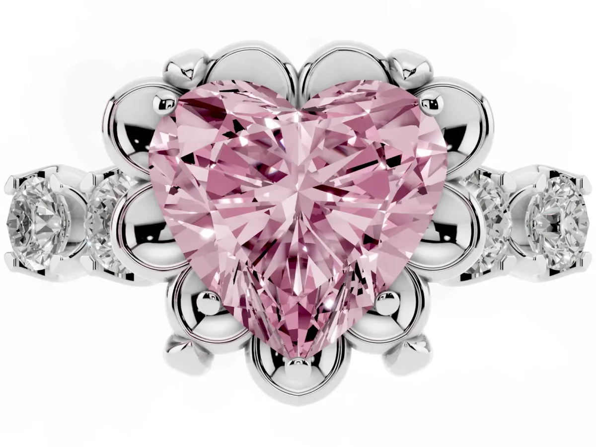 Fancy Pink Heart Cut Cut Diamond Floral Halo Engagement Ring with Shared Prong Setting Silver
