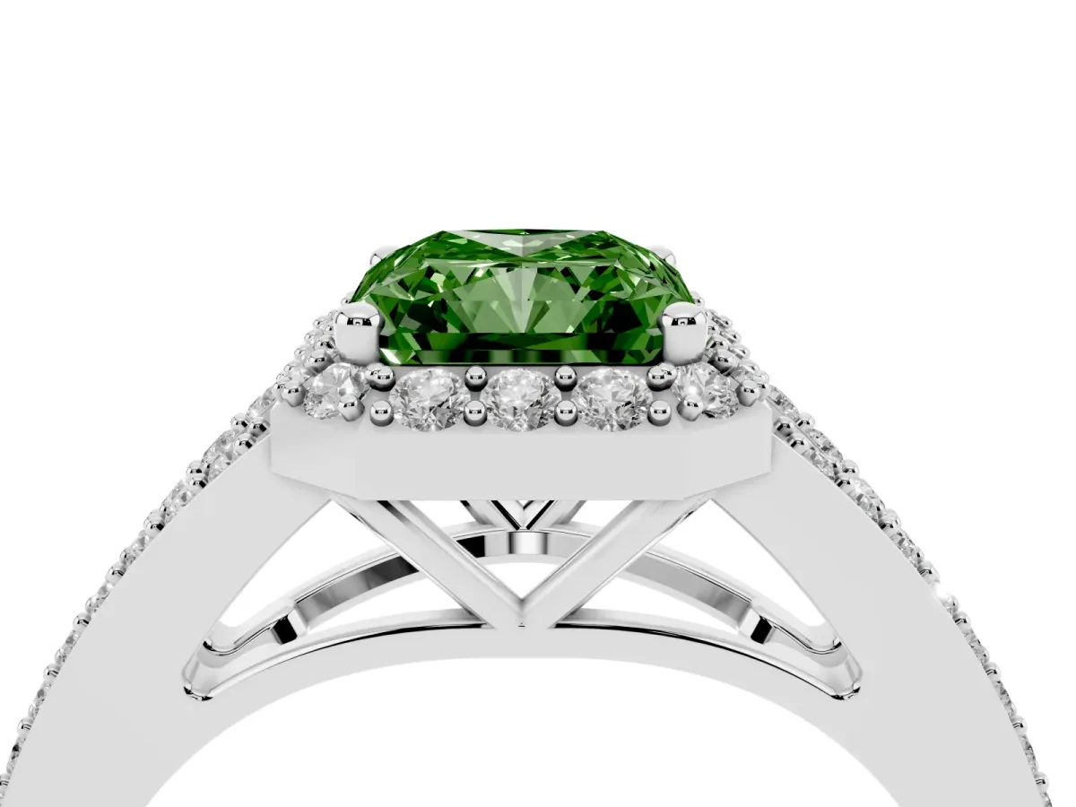 Fancy Green Radiant Cut Halo Split Shank Diamond Ring with Prong Setting Silver