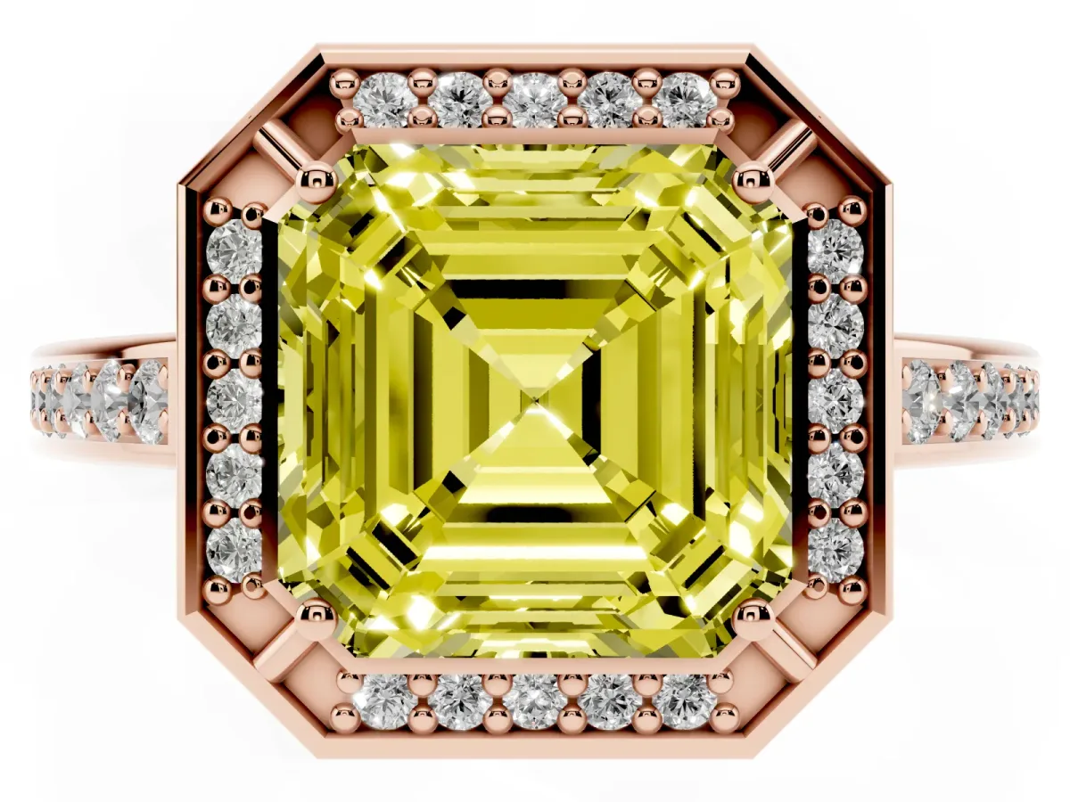 Fancy Yellow Asscher Cut Cut Halo Pave Split Shank Prong Setting Ring Rose gold