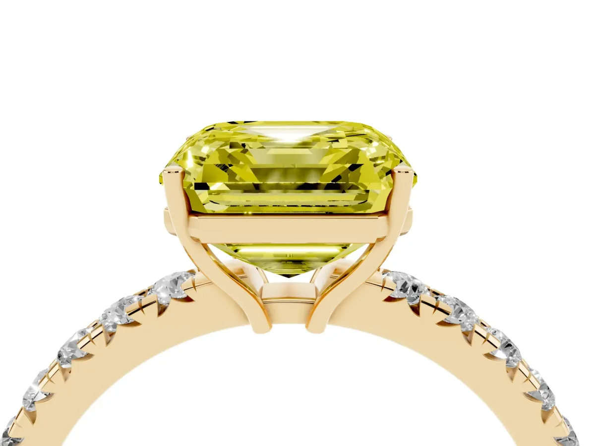 Fancy Yellow Asscher Cut Diamond Pavé Solitaire Engagement Ring with Four-Prong Setting Yellow gold