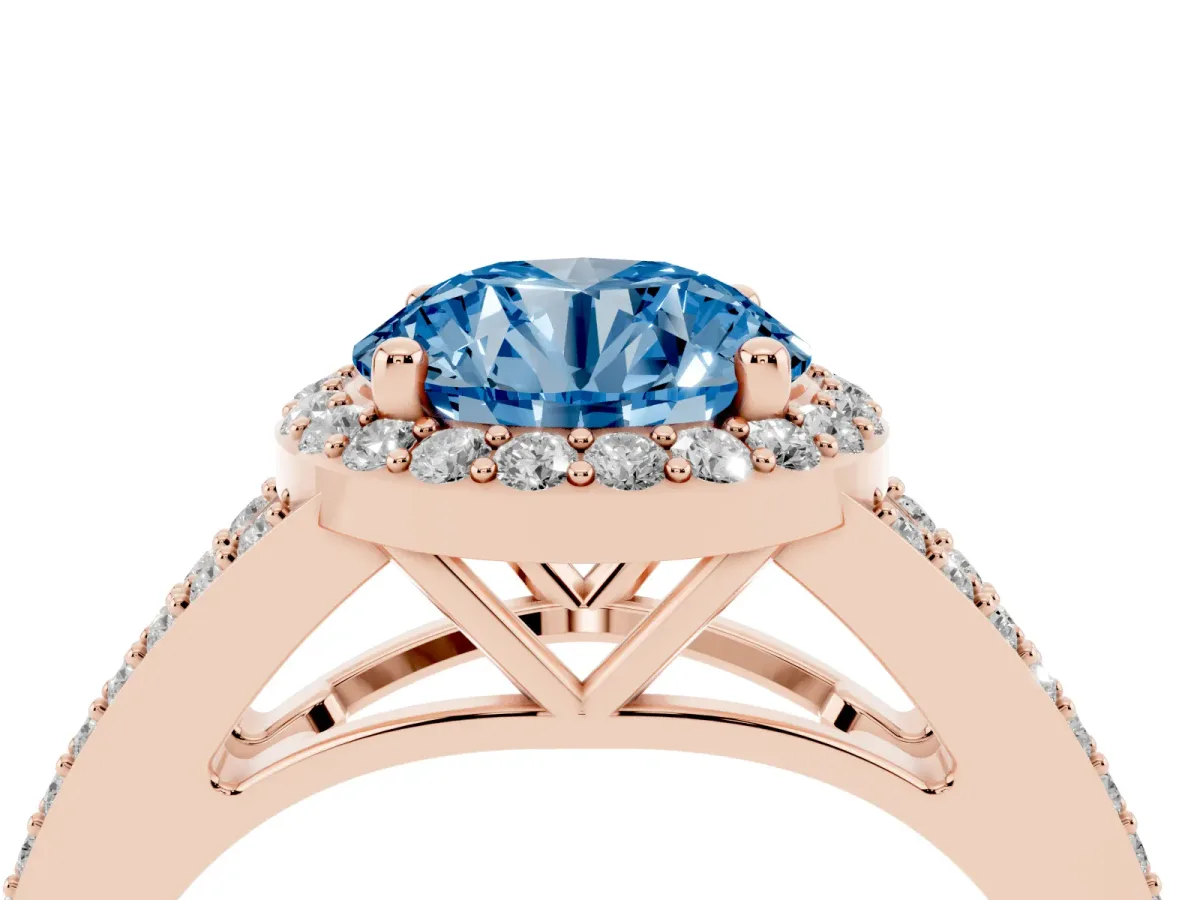 Fancy Blue Round Cut Halo Split Shank Diamond Ring with Prong Setting Rose gold