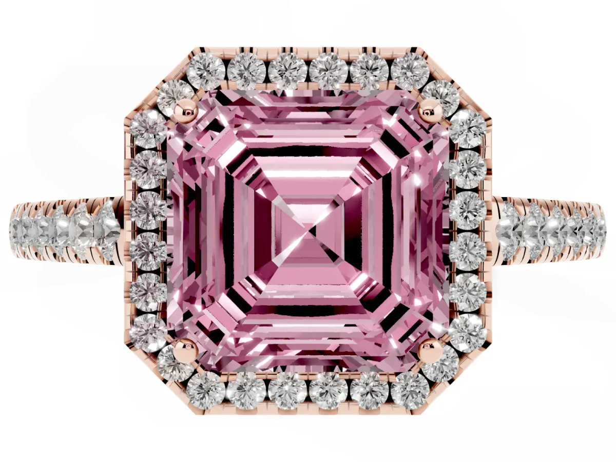 Fancy Pink Asscher Cut Halo Pave Diamond Engagement Ring with Four-Prong Setting Rose gold