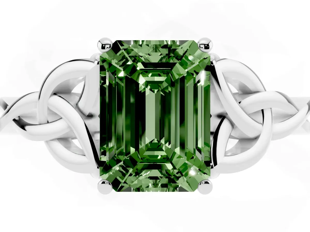 Fancy Green Emerald Cut Diamond Solitaire Engagement Ring with Celtic Knot Band and Four-Prong Setting White gold