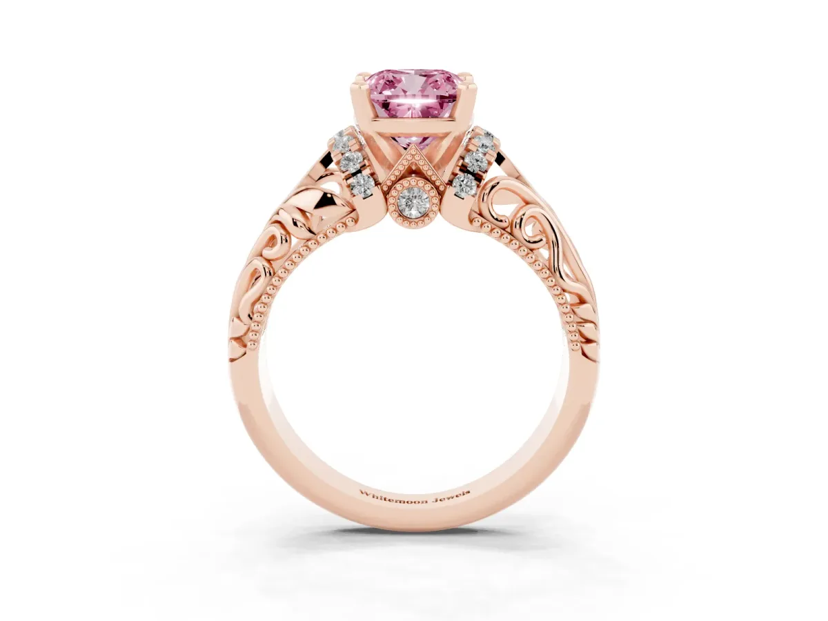 Fancy Pink Cushion Cut Solitaire Filigree Engagement Ring with Halo and Prong Setting Rose gold