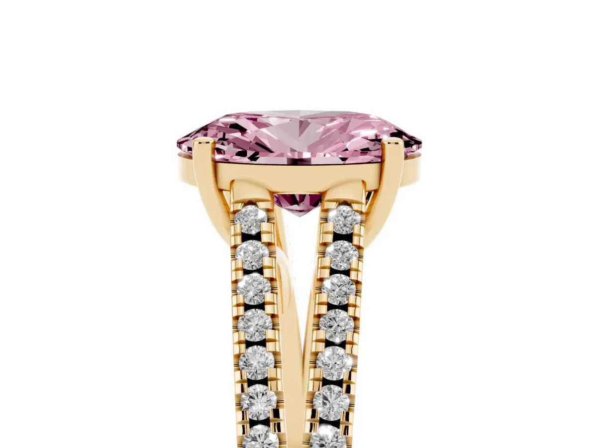 Fancy Pink Oval Cut Diamond Solitaire Engagement Ring with Split Shank Pavé Band Yellow gold