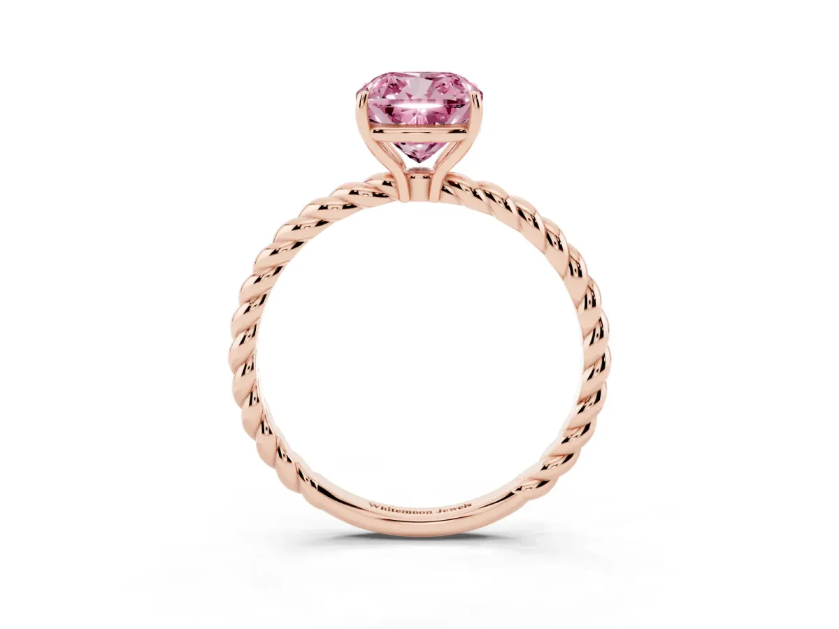 Fancy Pink Cushion Cut Solitaire Twist Band Ring with Four-Prong Setting Rose gold