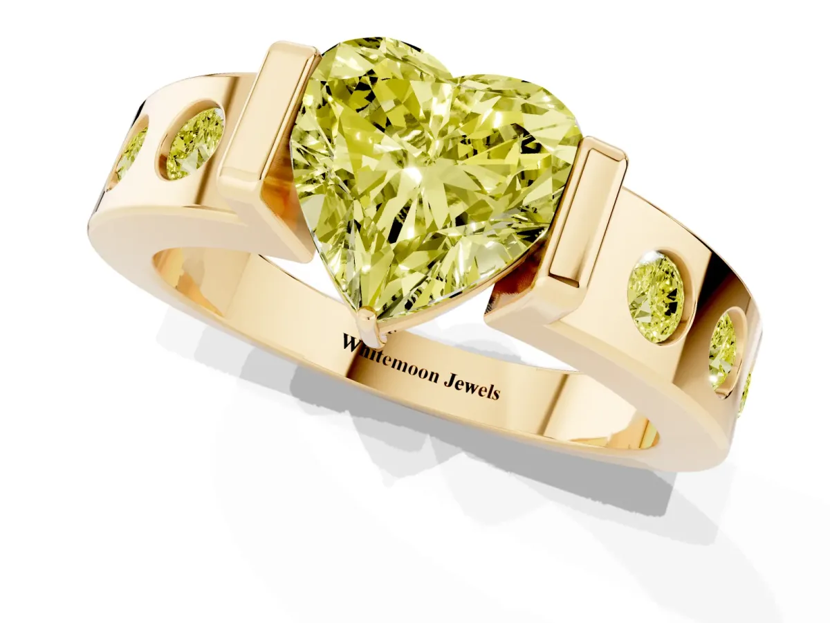 Fancy Yellow Heart Cut Brilliant Channel-Set Diamond Ring with Bezel Prong Setting Yellow gold
