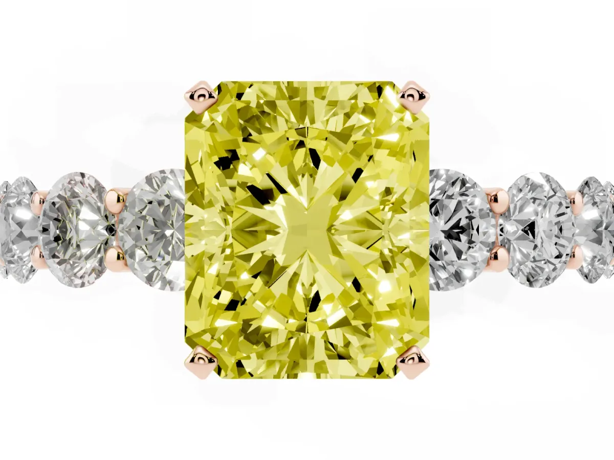 Fancy Yellow Radiant Cut Diamond Prong Setting with Side Stones on a Pave Band Rose gold