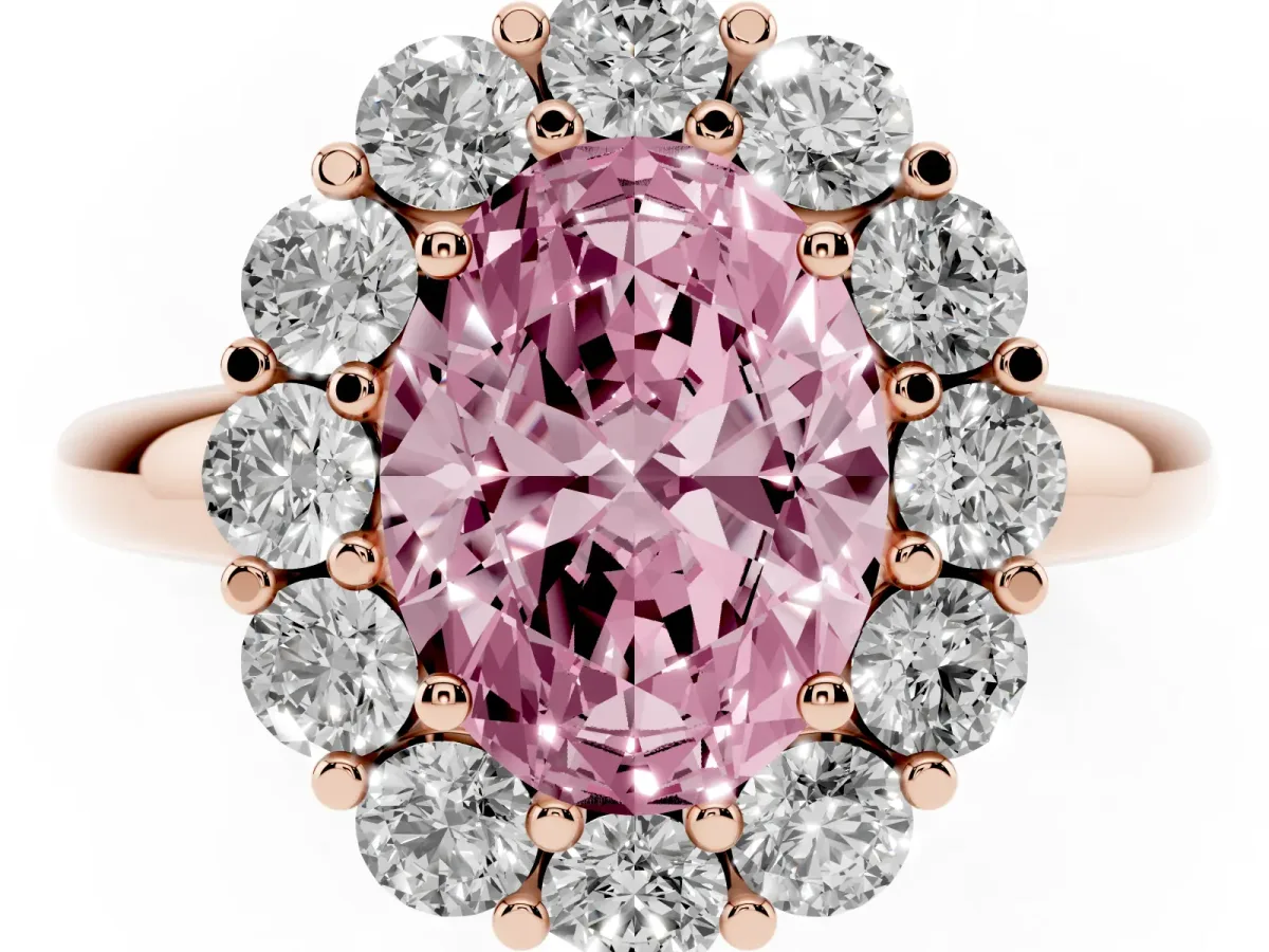 Fancy Pink Oval Cut Halo Cluster Diamond Engagement Ring with Prong Setting and Polished Band Rose gold