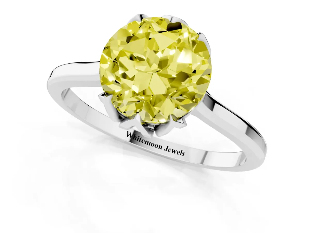 Fancy Yellow Round Cut Diamond Solitaire Ring with Flower Prong Setting and Classic Band Silver