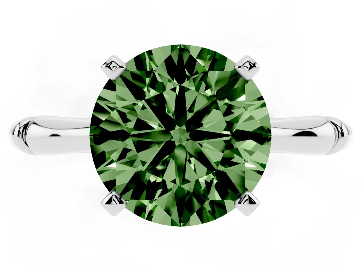 Fancy Green Round Cut Solitaire Diamond Ring with Bamboo Band and Four-Prong Setting Silver