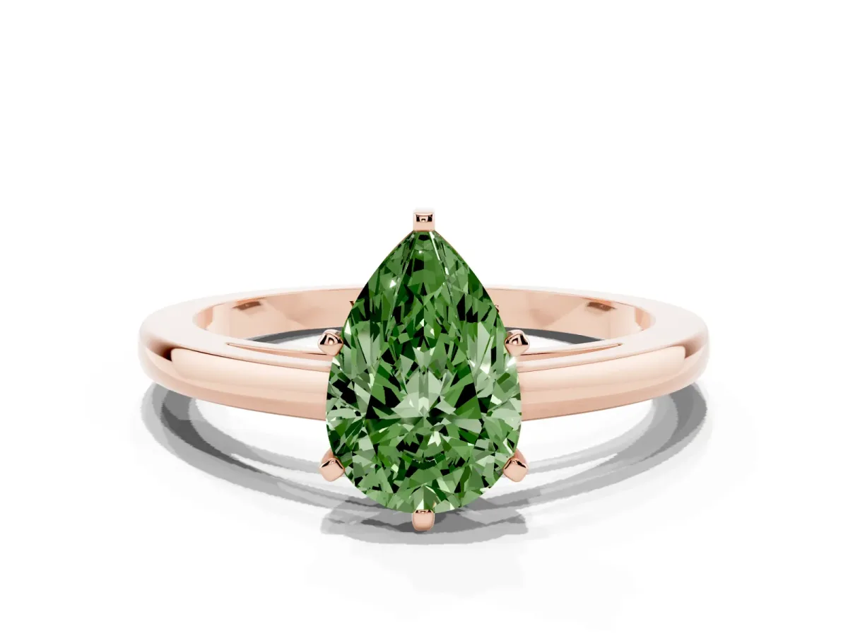 Fancy Green Pear Cut Solitaire Diamond Engagement Ring with Four-Prong Setting on a Classic Band Rose gold
