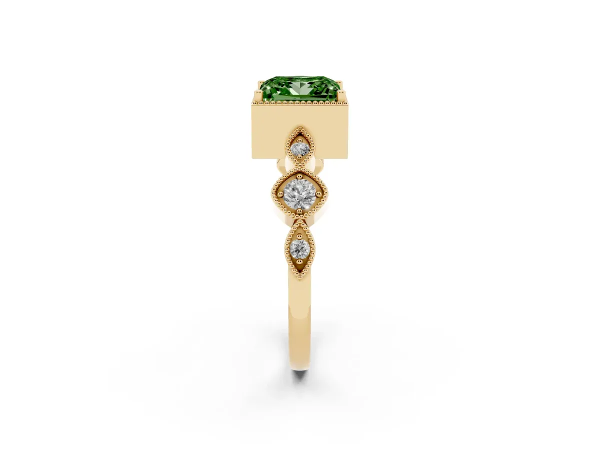 Fancy Green Princess Cut Diamond Vintage Milgrain Ring with Round Stations Yellow gold