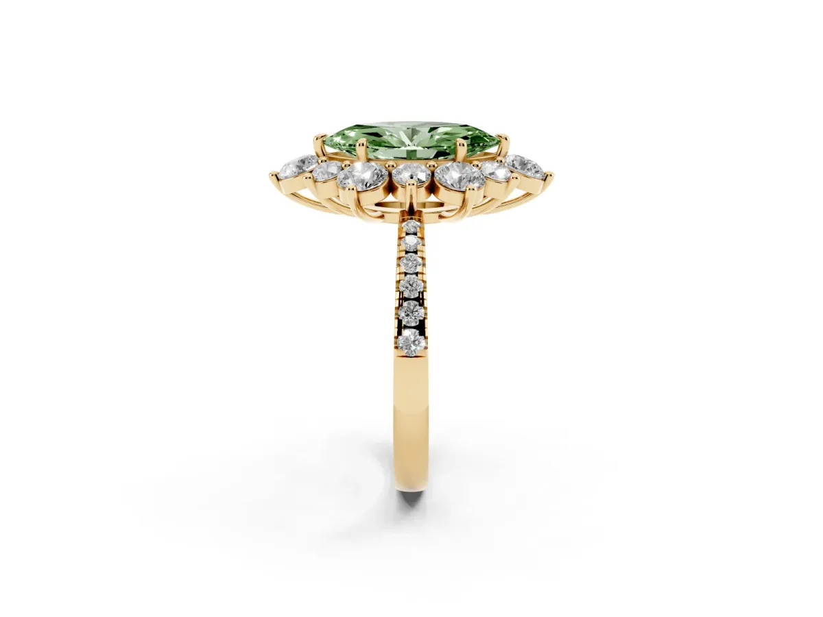 Fancy Green Marquise Cut Diamond Floral Halo Ring with Round Pavé Band and Prong Setting Yellow gold